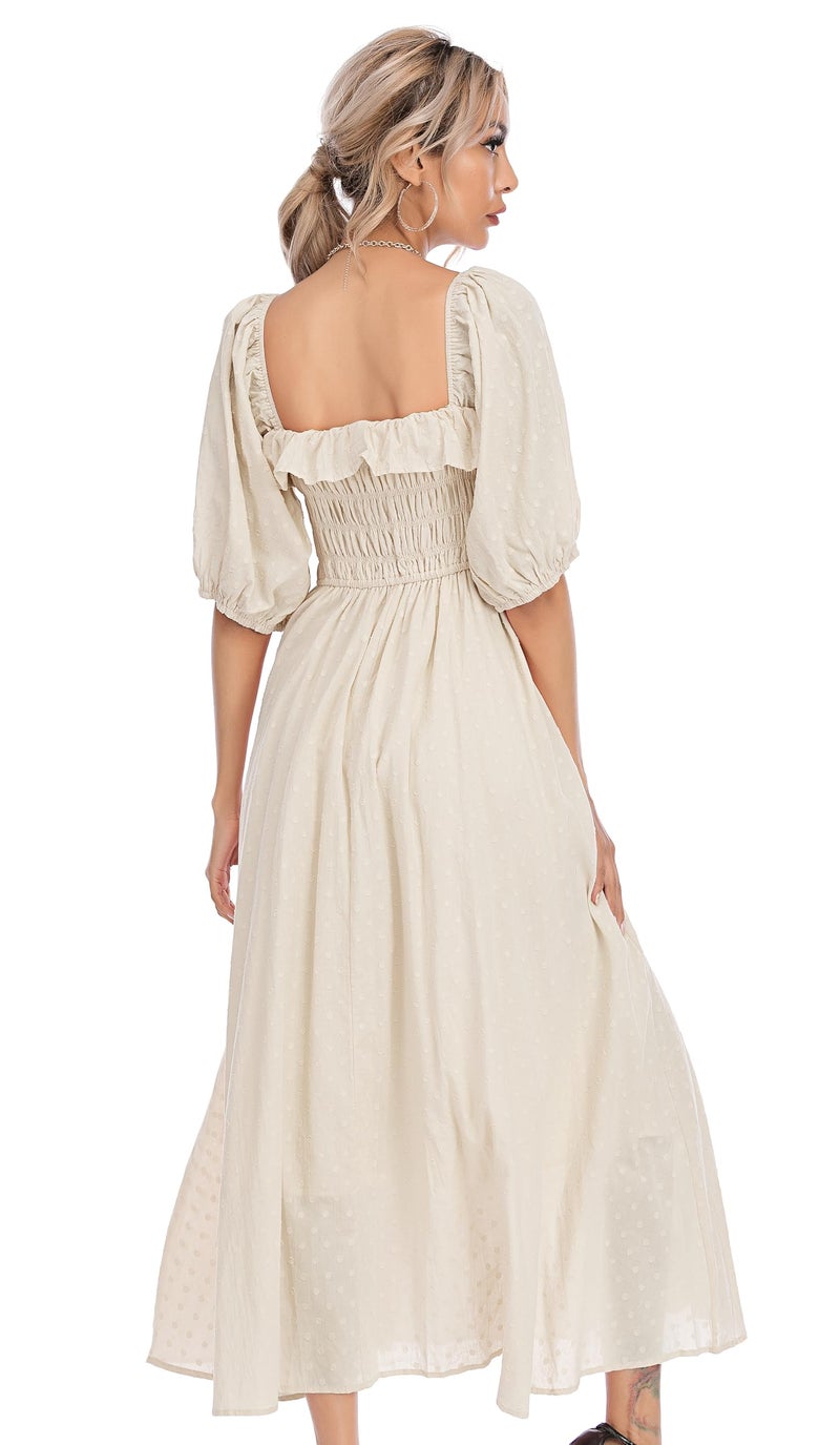 R.Vivimos Women Summer Half Sleeve Cotton Ruffled Vintage Elegant Backless A Line Flowy Long Dresses (Medium, Beige-1) - Image 4